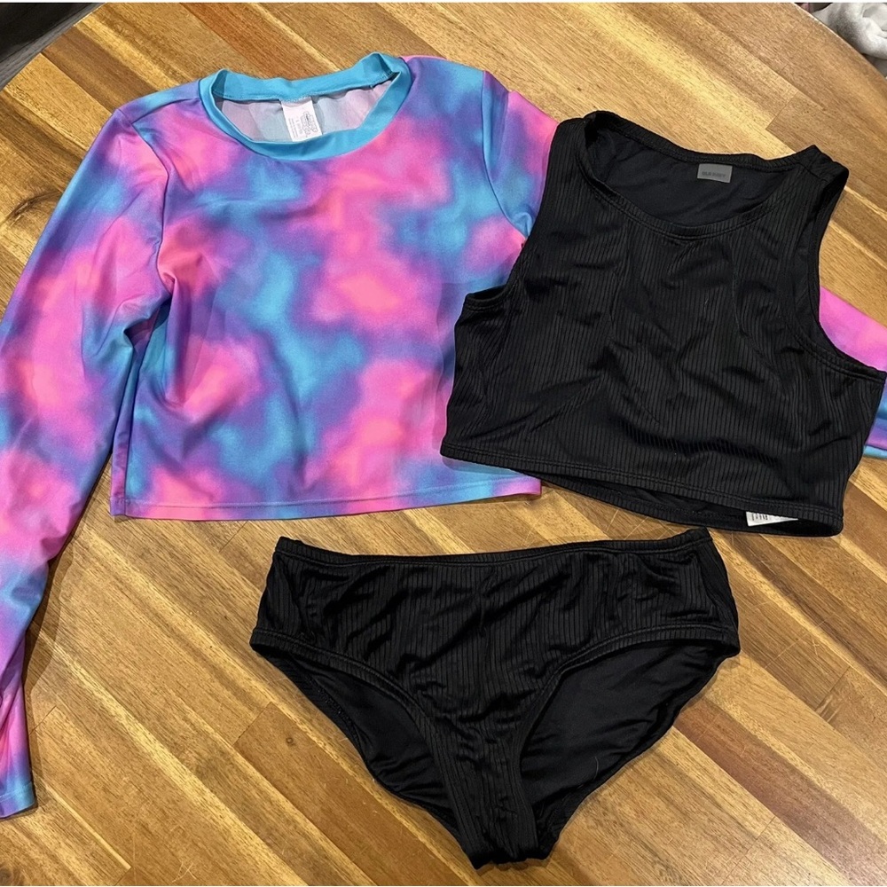 Old Navy More Than Magic 3 Piece Bikini Swimsuit Set Rashguard Black L 10/12